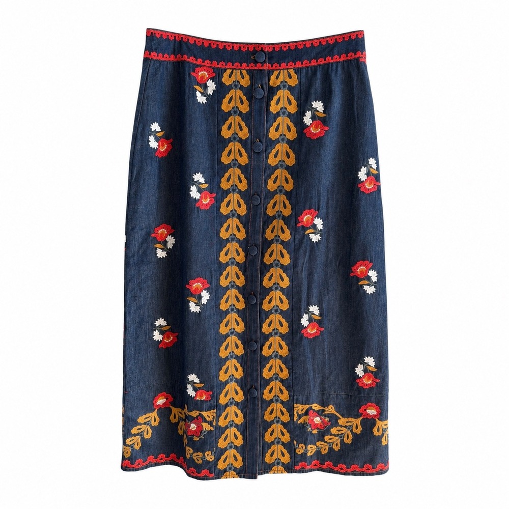 Elizabeth James The Label Denim Floral Embroidered Midi Skirt Blue Womens Large - Picture 1 of 11
